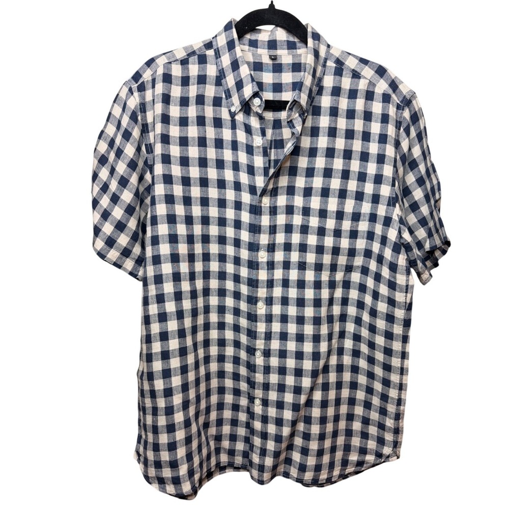 Muji Mens Short Sleeve Linen Gingham Check Button Down Shirt Black Beige Large